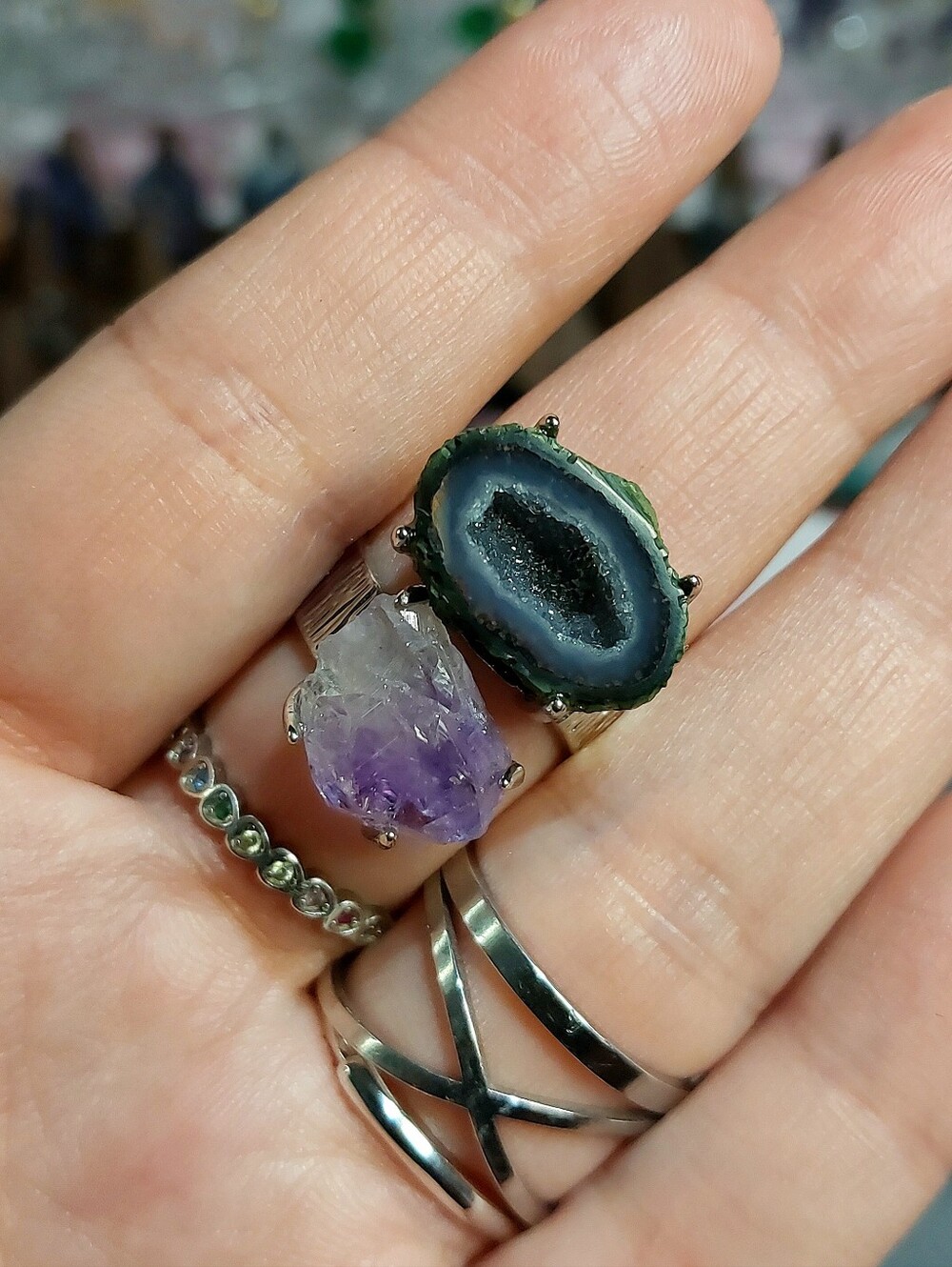 🪨⚒️ Duel Mini Tabasco Geode & Amethyst Raw Specimen Copper Ring